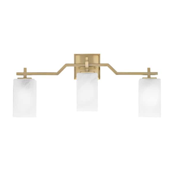 Unbranded Bridgewater 24.75 in. 3 Light Vanity Light New Age Brass 3.5 in. Square White Marble Glass Shades, No Bulbs Included