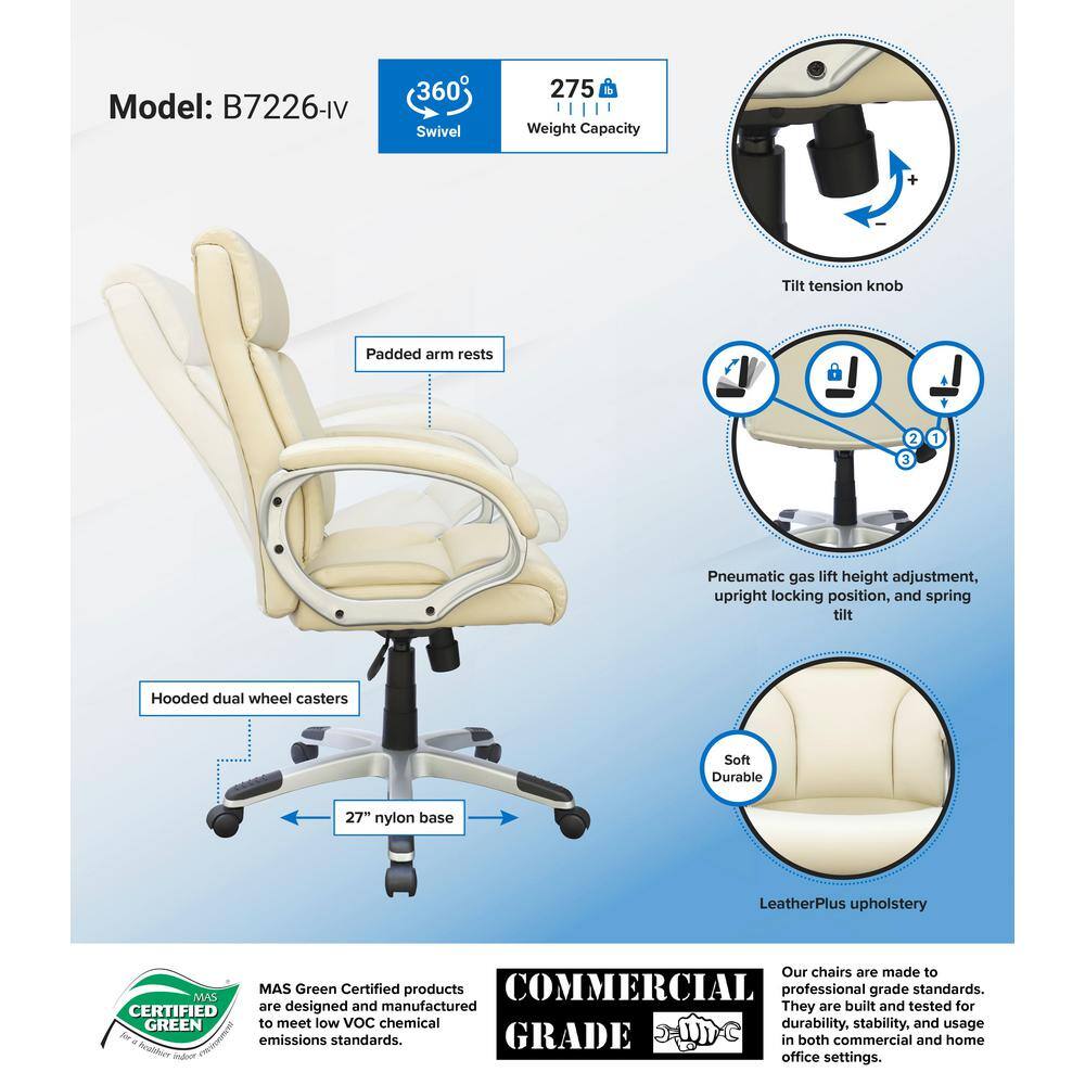 Ivory Leather Mid-Back Executive Swivel Chair with Fixed Arms