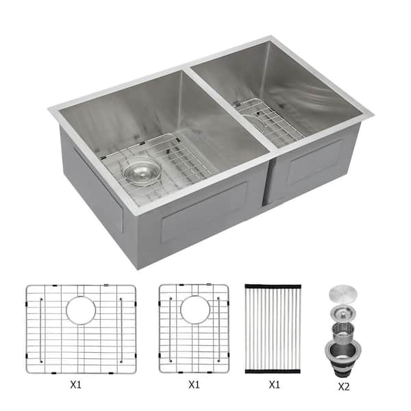 matrix decor Silver 18-Gauge Stainless Steel 33 in. Double Bowl 6/4 Undermount Kitchen Sink