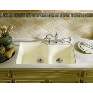 Executive Chef Undermount Cast Iron 33 in. 4-Hole Double Basin Kitchen Sink in White with Basin Rack