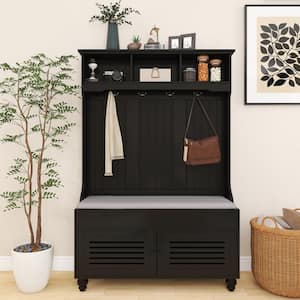 Black 47 in. Wide Hall Tree with Storage Bench with Shutter-shaped doors and Cushion and 4-Sturdy Hooks