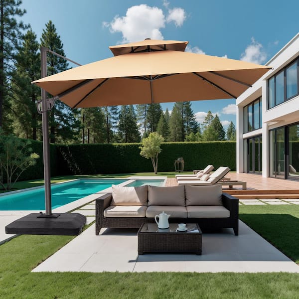 Crestlive Products 10 ft. x 10 ft. Double Top Patio Cantilever Umbrella in Tan Brown Outdoor Offset Umbrella w/ Fillable 240 lb. HDPE Base