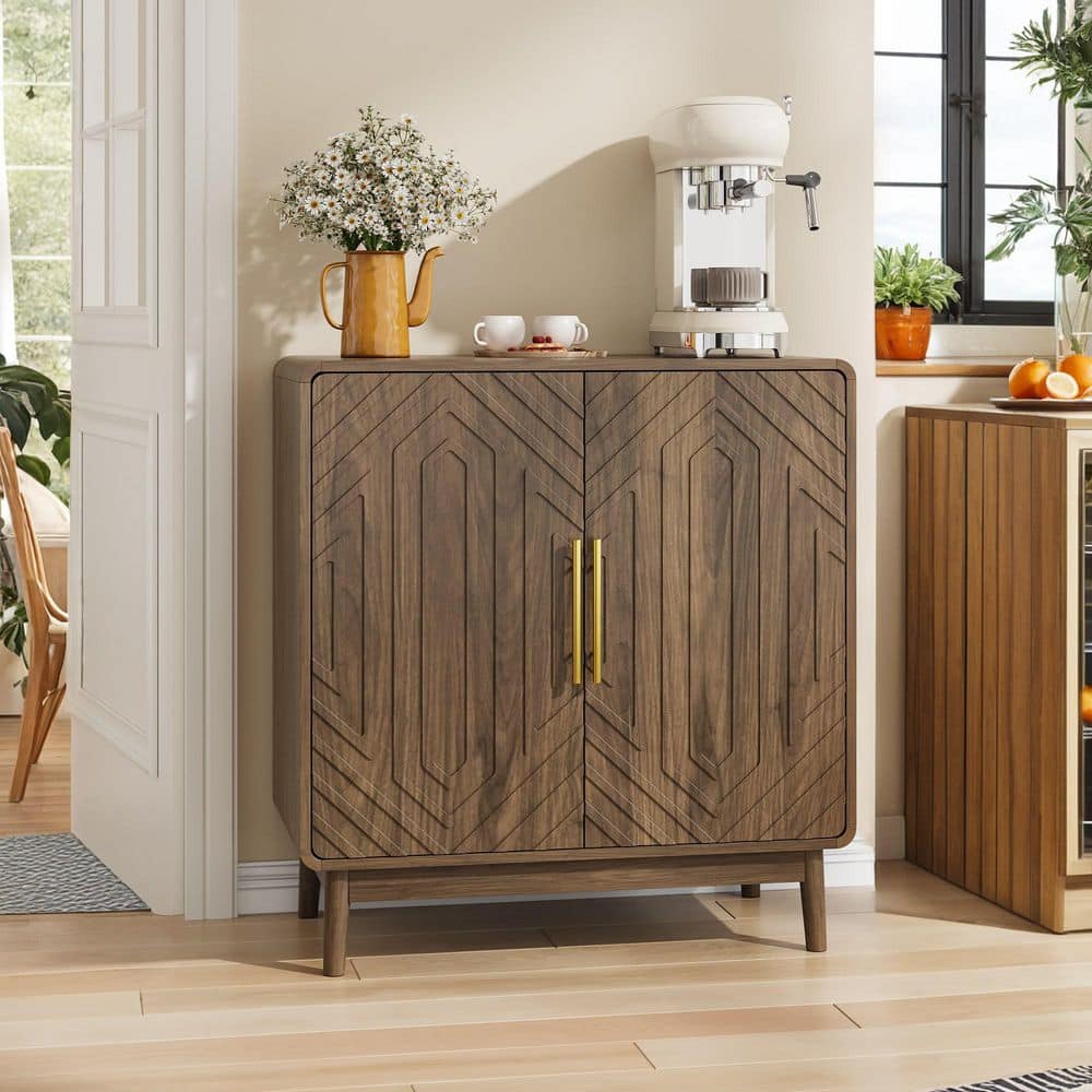 Ferdinand Brown Wood 31.5 in. Buffet Storage Sideboard, Storage Cabinet with 2 Carved Doors, Metal Handle