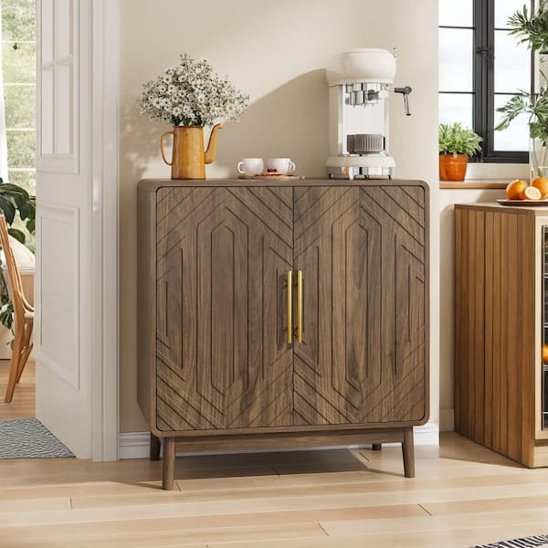 Ferdinand Walnut Finish Wood 31.5 in. Buffet Storage Sideboard, Storage Cabinet with 2-Carved Doors, Metal Handle