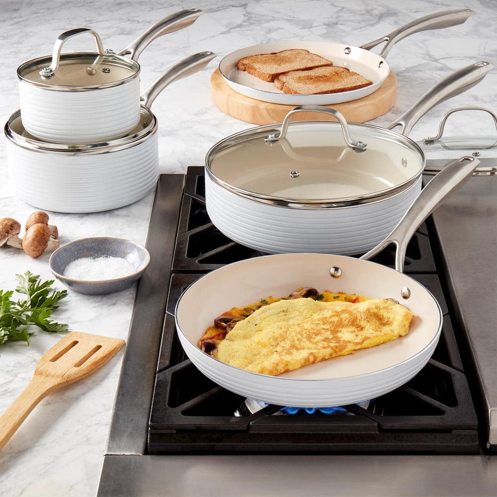 10-Piece White Nonstick Aluminum Cookware Set with Ribbed Design