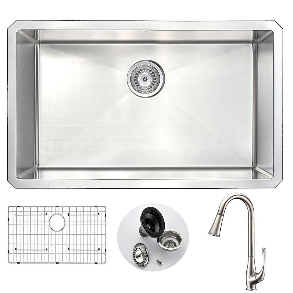 VANGUARD Undermount Stainless Steel 30 in. Single Bowl Kitchen Sink and Fau