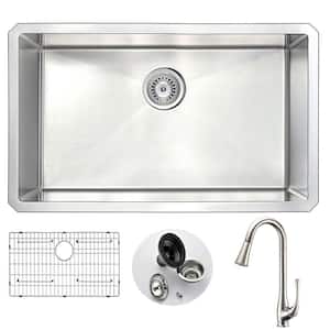 VANGUARD Undermount Stainless Steel 30 in. Single Bowl Kitchen Sink and Faucet Set with Singer Faucet in Brushed Nickel