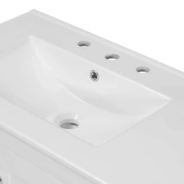 36 in. W Single Sink Freestanding Bath Vanity in White with White Ceramic Top, 2 Soft Close Doors and 5 Drawers