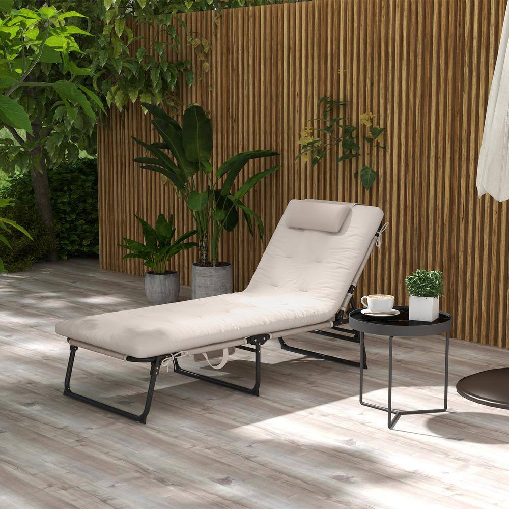 Beige Folding Chaise Lounge with Cushions and Side Pocket