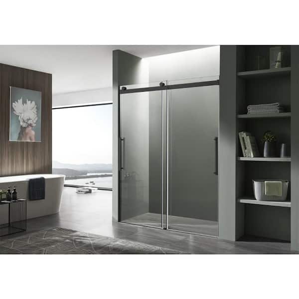 Stellar Series 45 to 48 in. x 76 in. H Sliding Frameless Shower Door in Matte Black with Tsunami Guard Tempered Glass
