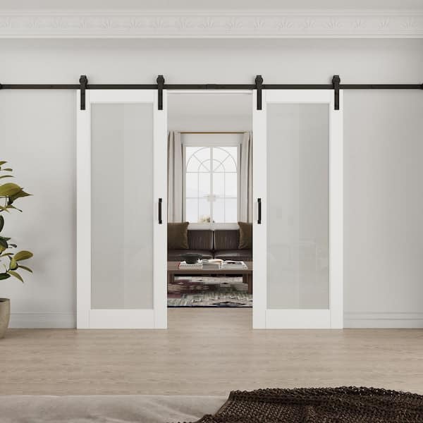 ARK DESIGN 60 in. x 80 in. 1-Lite Tempered Frosted Glass White Primed MDF Composite Sliding Barn Door with Hardware Kit