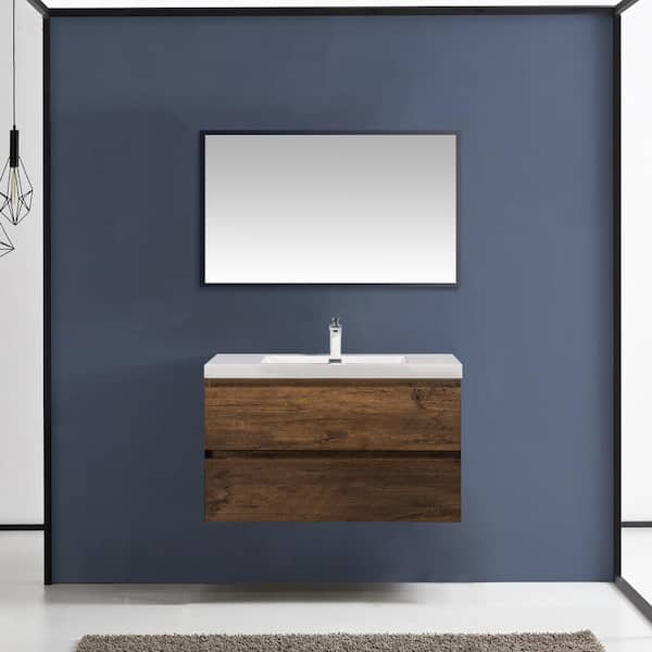 35.44 in.W x 18.9 in.D Wall-Mounted Bath Vanity in Rose Wood with white glossy Resin Top