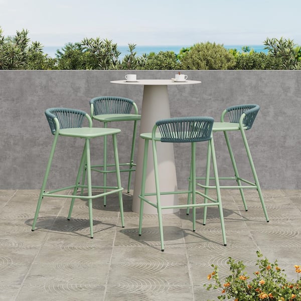 Hastings 29.5 in. Patio Rope and Aluminum Outdoor Bar Stools, Sage, (Set of 4)