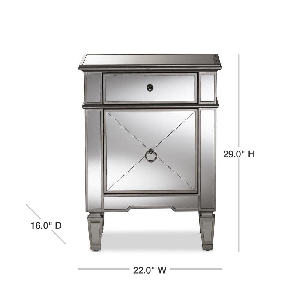 Claudia Silver Mirrored 1-Drawer Nightstand with Crosshatch Detail