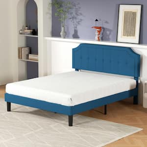 Upholstered Bed Frame ，Blue Metal Frame Full Size with Headboard Platform Bed with Sturdy Wood Slat Support