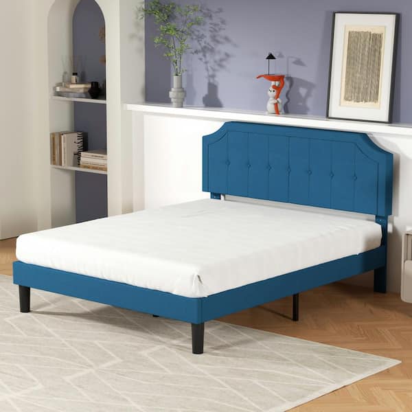 VECELO Upholstered Bed Frame ，Blue Metal Frame Full Size With Headboard ...