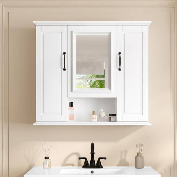 36 in. W x 28.5 in. H White Rectangular Wood Wall Mounted Medicine Cabinet with Mirror and 3 Doors