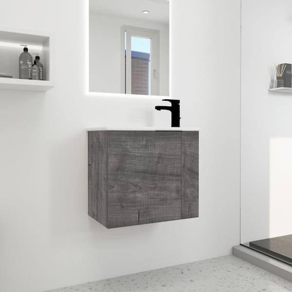 22 in. W x 13 in. D x 20 in. H Single Sink Wall Mounted Bathroom Vanity in Grey Oak with White Ceramic Top