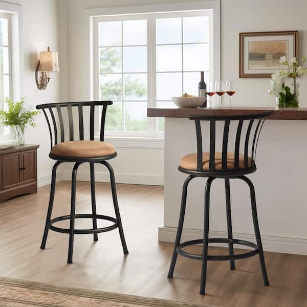 Farma 24/29 in. Adjustable Height Brown Cushioned Bar Stool w/ Slat Back, Swivel for Counter and Bar Height, (Set of 2)