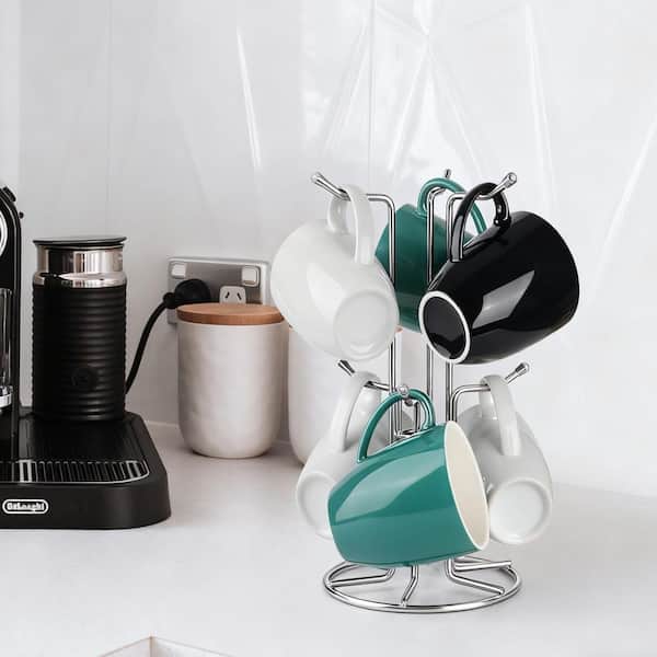 6-Hook Silver Mug Tree Coffee Mug Holder for Coffee Bar Countertop and Kitchen Display and Holding Large Mugs