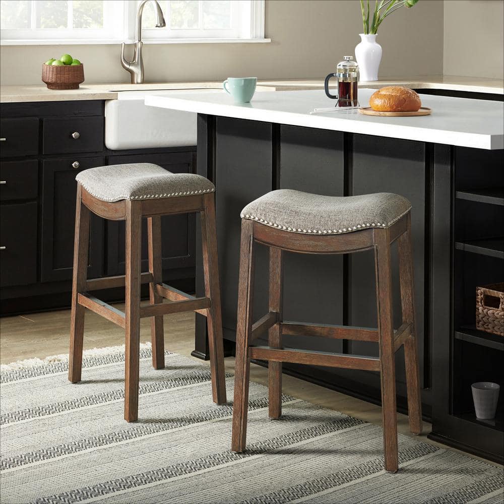 Dark Brown Backless Saddle Wood Bar Stools, Set of 2