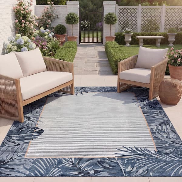 Cabana Ivory/Navy 8 ft. x 10 ft. Striped Leaf Border Indoor/Outdoor Area Rug