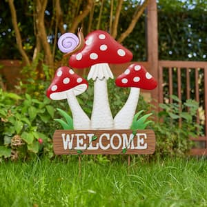 32 in. H Multi-functional 2-in-1 Metal and Solid Wood Triple Mushrooms with Welcome Sign Garden Stake, Wall Decor