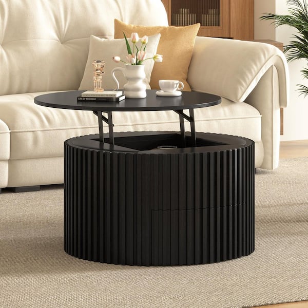 Wyrik Modern 29.8 in. Black Fluted Round MDF Wood Lift-Top Coffee Table with Hidden Storage