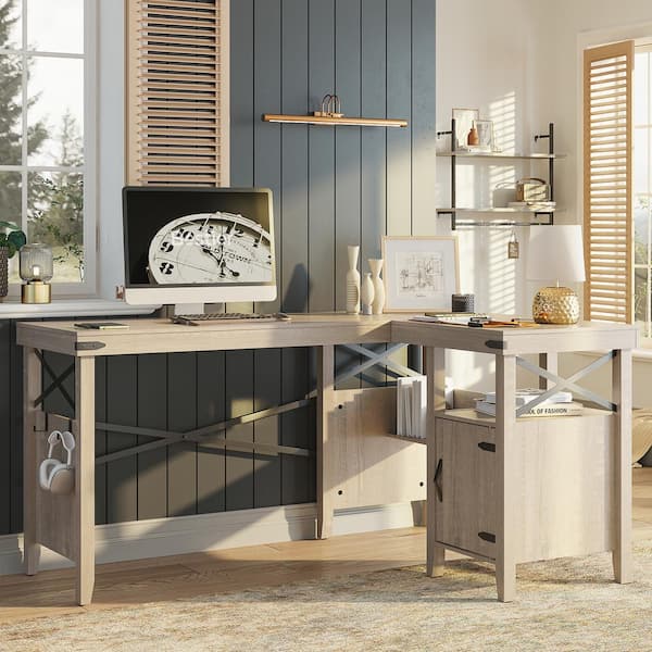 60 in. Farmhouse L-Shaped Computer Desk with Storage Cabinet and Bookshelf Light Grey