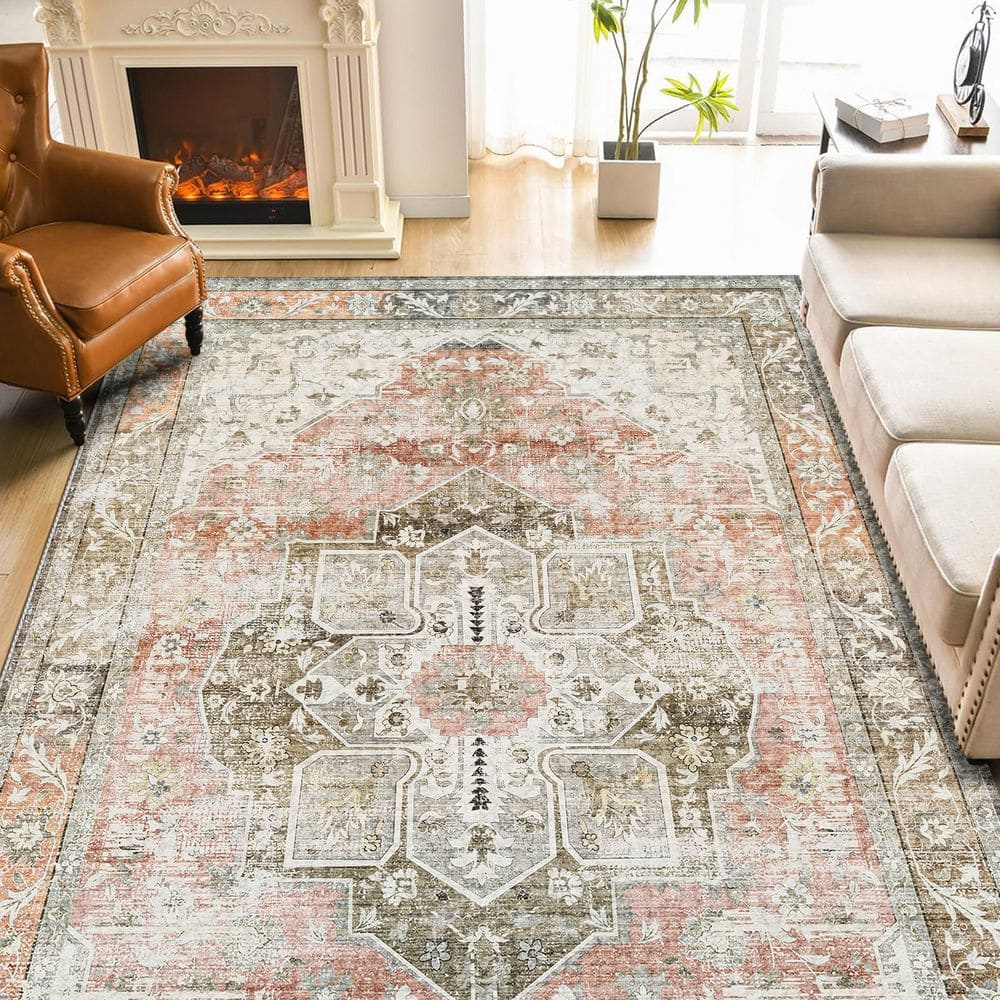 Sxiawe Sunset Canyon Orange 8 ft. x 10 ft. Antique Non Skid Indoor