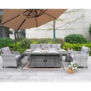 Irene Gray 5-Piece Wicker Patio Fire Pit Conversation Set with Gray Cushions and Side Table