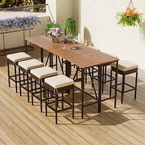 10-Piece Wicker Patio Outdoor Dining Set 2 Foldable Acacia Wood Bar Height Table and 8 Stools with Beige Cushions