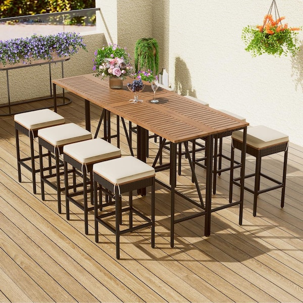 Unbranded 10-Piece Wicker Patio Outdoor Dining Set 2 Foldable Acacia Wood Bar Height Table and 8 Stools with Beige Cushions