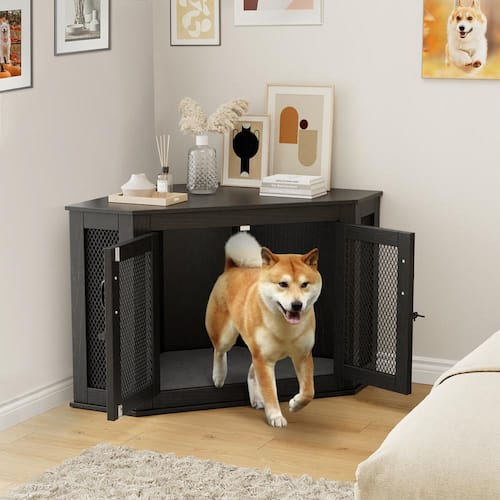 Corner Dog Crate, Wooden Dog Kennel with Cushion, Indoor Dog Crate
