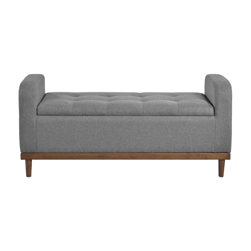 Gray Fabric Lift Top Storage Bench with Walnut Wood Frame