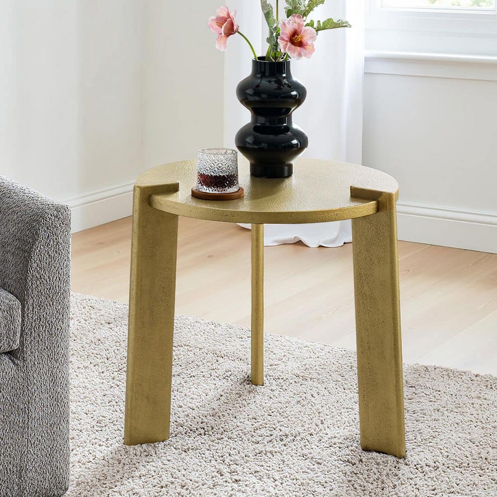 JAYDEN CREATION Ian 22 in. God Round Wood End Table with Faux Brass ...