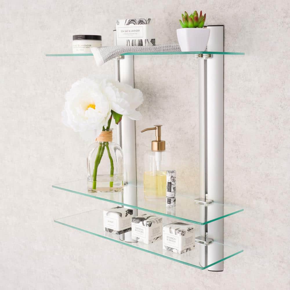 Black Glass and Wood Floating Wall Shelf Unit