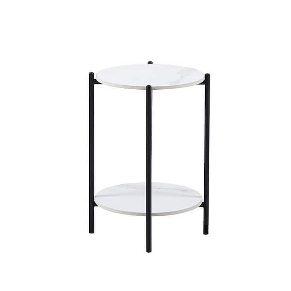 Aoibox 14.17 in. W White 2-layer End Table Round Coffee Table with Whole Marble Tabletop and Black Metal Frame
