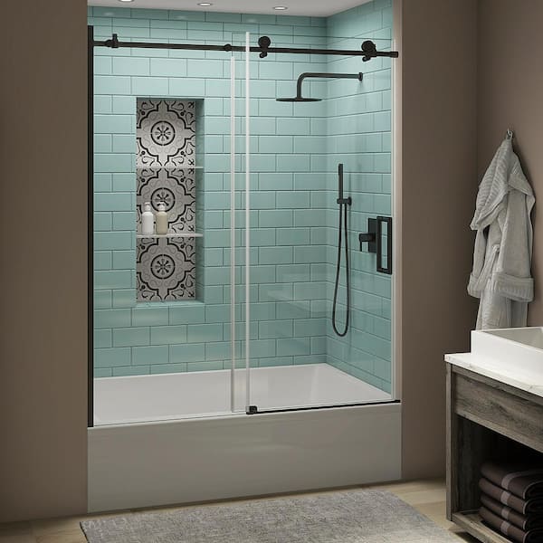 Aston Coraline XL 56 - 60 in. x 70 in. Frameless Sliding Tub Door with StarCast Clear Glass in Matte Black, Right Opening