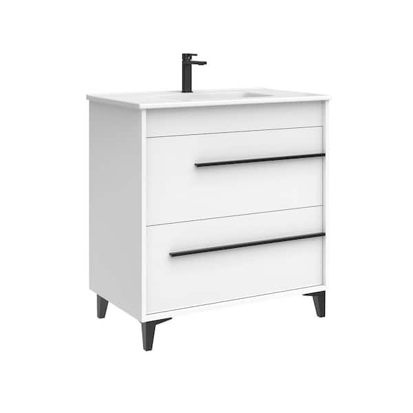 Lotus 32.0 in. W Single Basin Freestanding Bath Vanity in Glossy White with Ceramic White Top