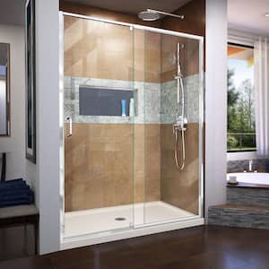 Flex 60 in. W x 36 in. D x 74.75 in. Pivot Framed Shower Door in Chrome with Center Drain Biscuit Acrylic Base Kit