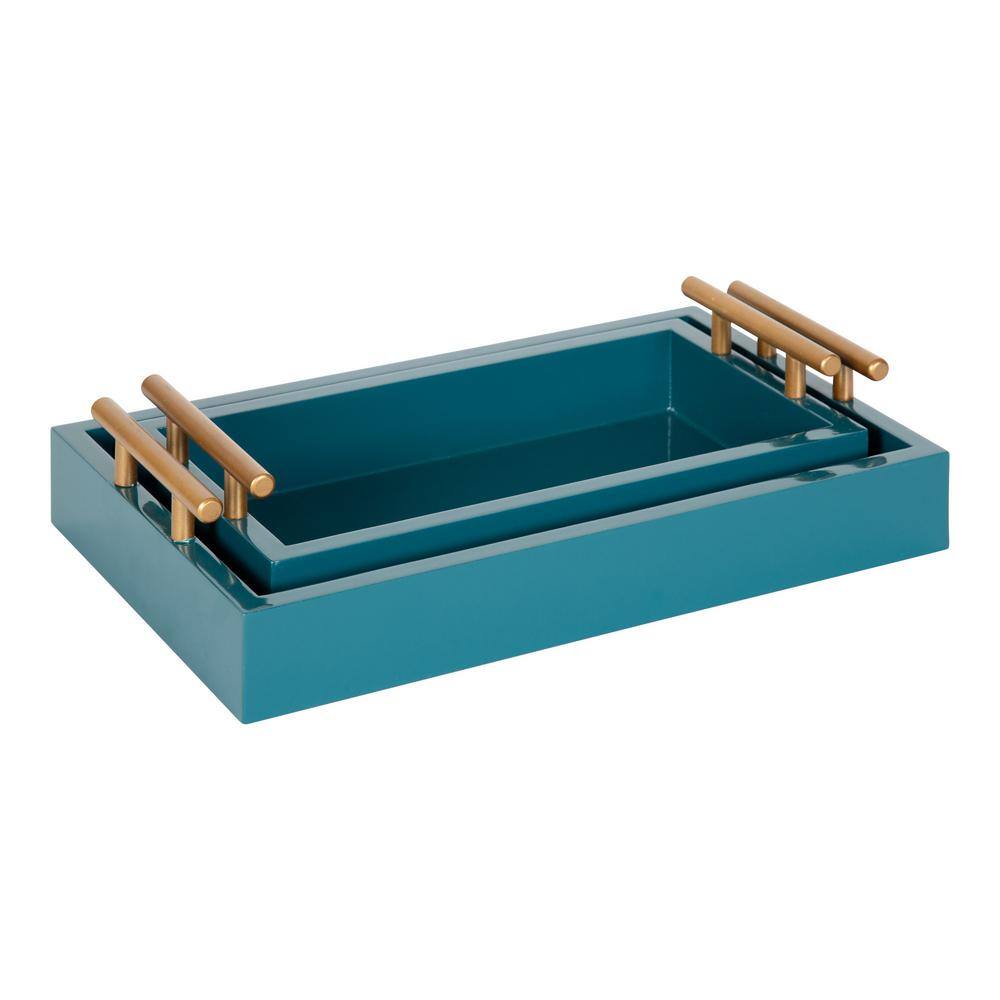 Teal and Gold Rectangular Wood Tray Set with Metal Handles