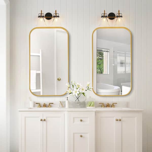 Modern 15 in. 2-Light Black and Brass Industrial Bathroom Vanity Light, Dimmable Wall Sconce with Clear Glass Shades