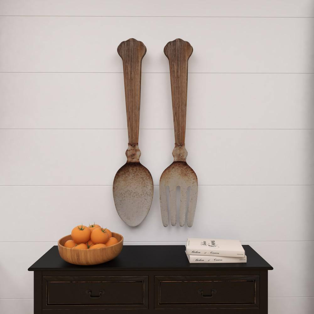 Large Brown and Silver Metal Spoon and Fork Wall Decor Set