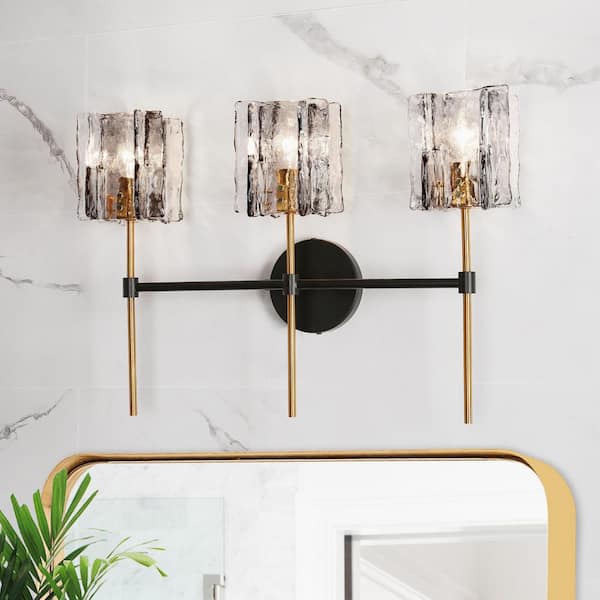 Echonalyri Modern 3-Light Matte Glam Black and Plating Brass Vanity Light with Geometric Textured Glass Shades