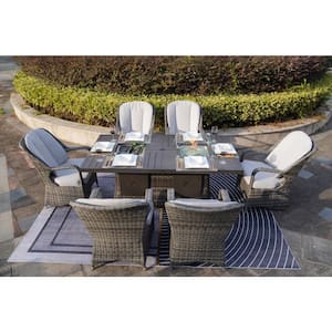 7-Pieces Wicker Gray Gas Firepit and Ice Container Patio Conversation Set 6 Standard Height Chairs and Beige Cushions