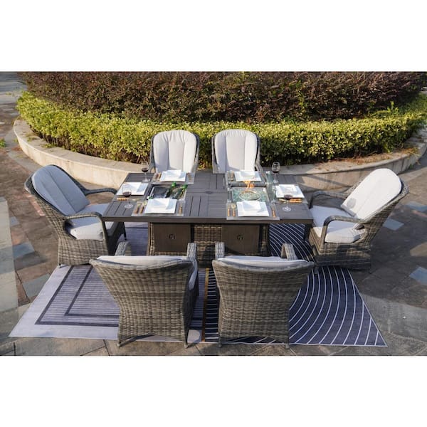 Afoxsos 7-Pieces Wicker Gray Gas Firepit and Ice Container Patio Conversation Set 6 Standard Height Chairs and Beige Cushions
