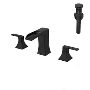 Modern 8 in. Widespread Double Handle Brass Bathroom Faucet with Pop Up Drain and Water Supply Hoses in Matte Black