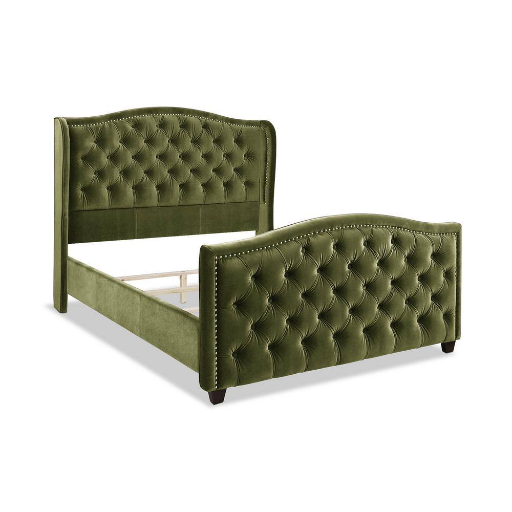Elegant Olive Green Velvet Queen Bed with Nailhead Trim