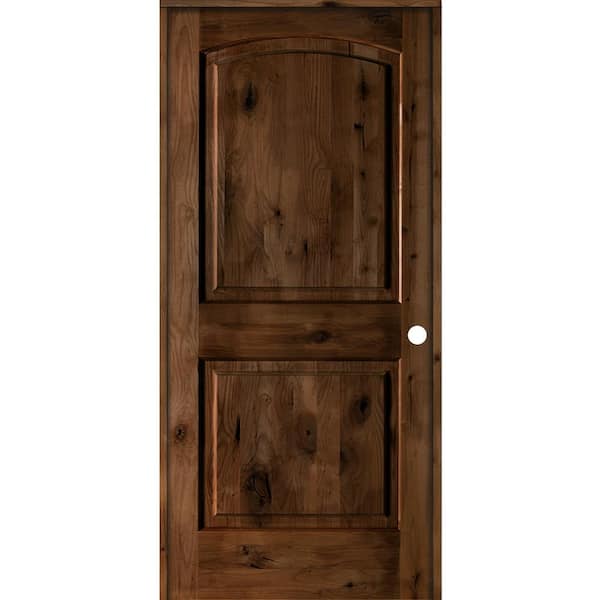 24 in. x 80 in. Knotty Alder 2-Panel Left-Handed Provincial Stain Wood Single Prehung Interior Door with Arch Top